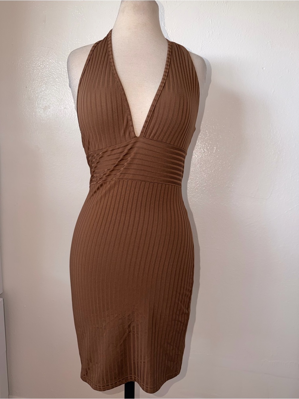 Plunging Halter Ribbed Mini Dress in Chocolate Brown